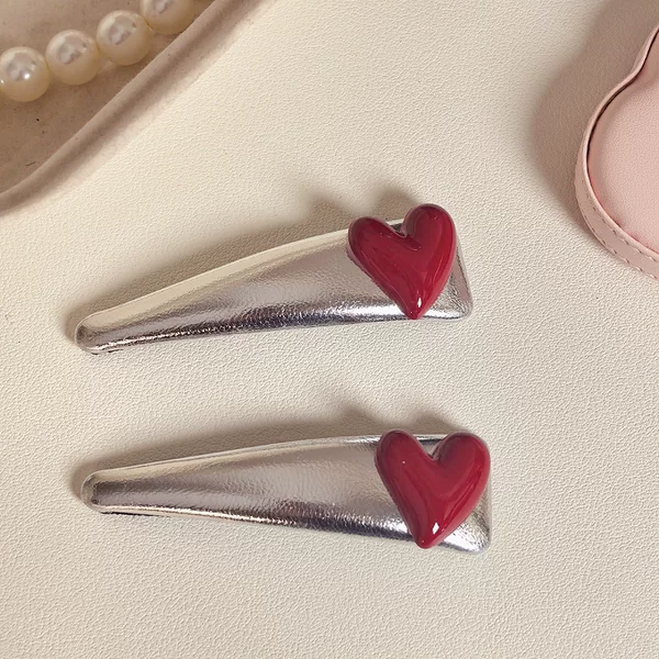 Silver-White Leather Hairpin with Red Heart Hair Accessory, Exquisite Fringe Clip, 2025 New Side Clip