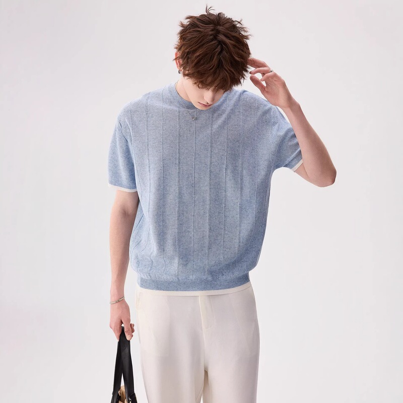 High-End American Retro Short-Sleeved Knitted T-Shirt, New Summer Style Casual Light Luxury Business Top, Drapey T-Shirt for Men