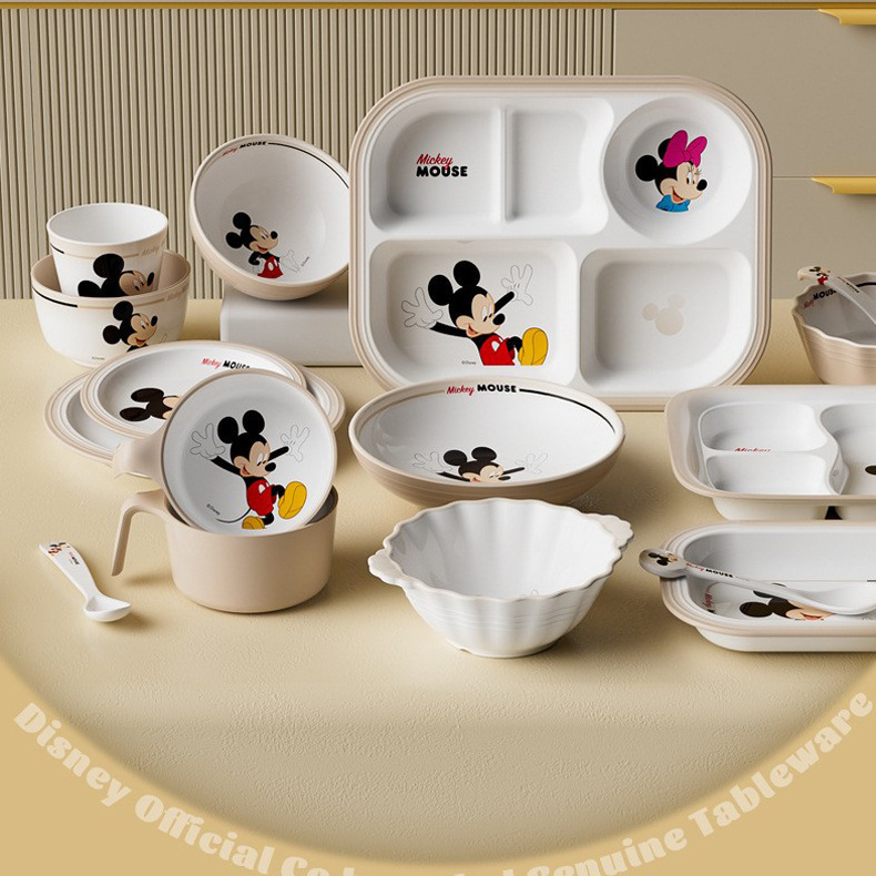 Mickey and Minnie Kidsren's Tableware Set with Handle Baby Food Bowl Melamine Mother and Baby Cute Spoon Compartment Plate