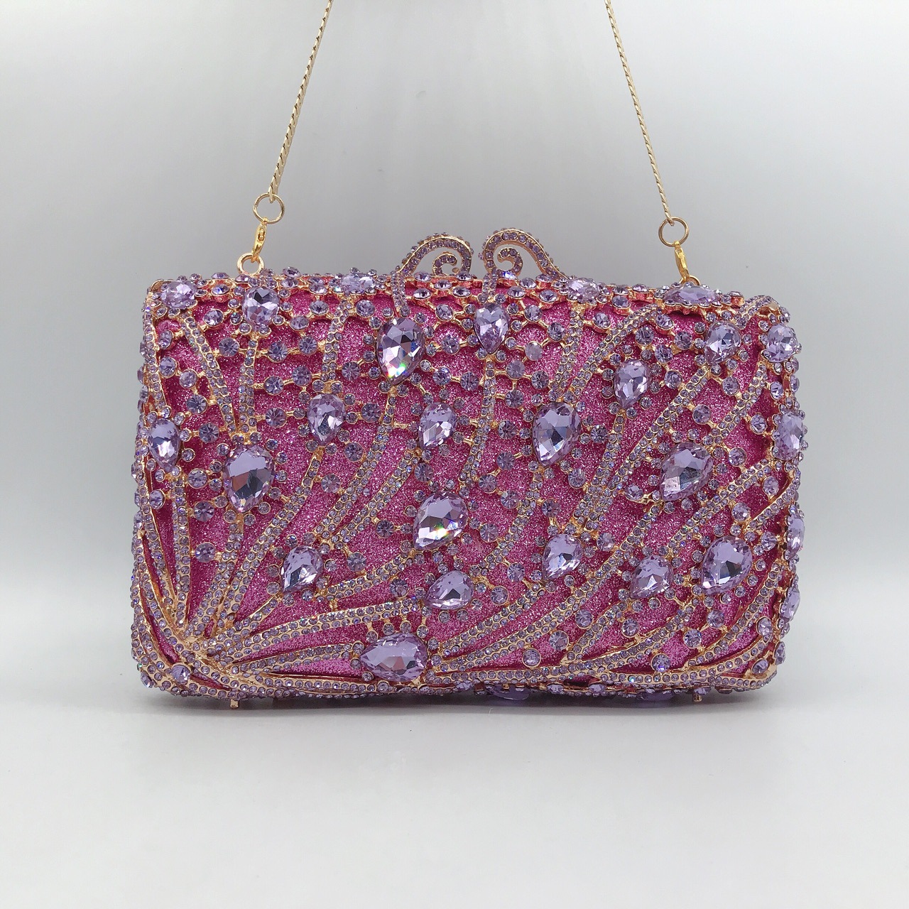 Túi clutch nữ đính kim cương phong cách châu Âu, dây chuyền vuông sang trọng — Hoa violet