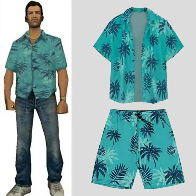 Vice City Tommy-Style Printed Shirt, Short-Sleeved Shorts, High-End Summer Cardigan, Figure-Flattering Palm Tree Design Vice City Tommy-Style Printed Shirt, Short-Sleeved Shorts, High-End Summer Cardigan, Figure-Flattering Palm Tree Design