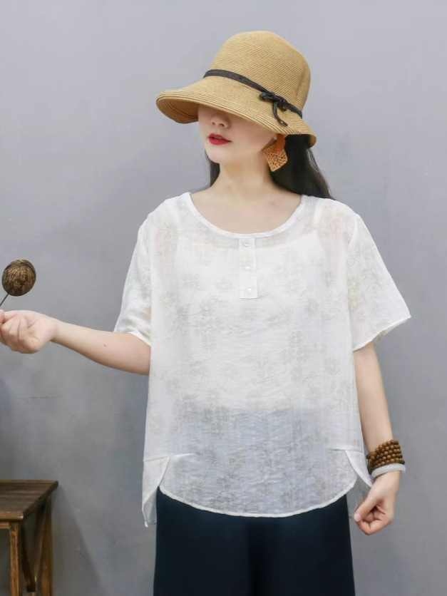 Transfronterizo 2025 primavera y verano nueva camiseta de mujer china impresa de manga corta camiseta de mujer de verano collar redondo literatura y arte image 4