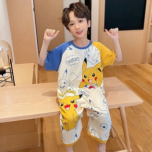 Children's Summer Boys' Pure Cotton Cartoon Casual Pajamas New Pure Cotton Short-Sleeved Medium and Large Kidsren's Jumpsuits Home Pajamas