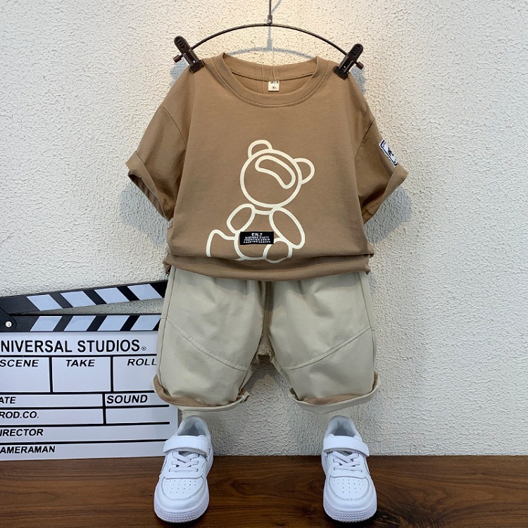 Children's Clothing Children's Suit Boys and Girls Solid Color Bear Printed Armband T-shirt Short Sleeve Shorts Summer Trendy Two-piece Set