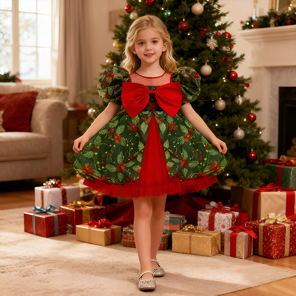 Amazon vestido de Navidad de sequillas rojo y verde COS Santa Claus Snowflake vestido de princesa de malla de niña