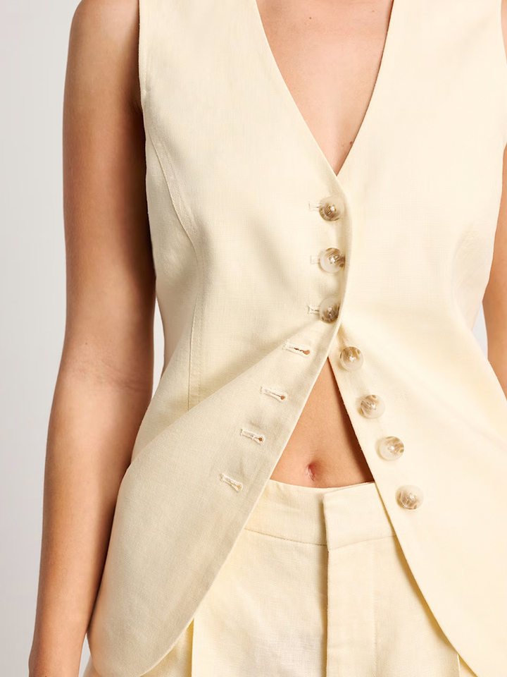 Bộ vest gile và quần short nữ chất liệu lanh cotton, áo khoét vai không tay, kiểu công sở — Màu mơ, Màu nâu đậm, Màu trắng, Màu xanh nước biển chi tiết 51