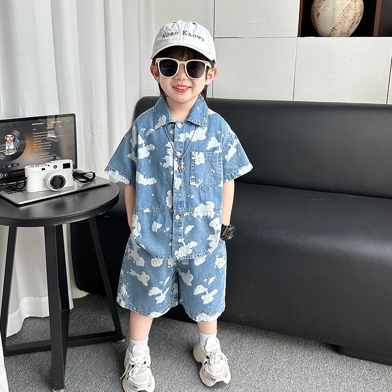 7393 Traje de verano para niños 2025 Nueva ropa de mezclilla de estilo chino de manga corta Traje de dos piezas de verano para niños de moda