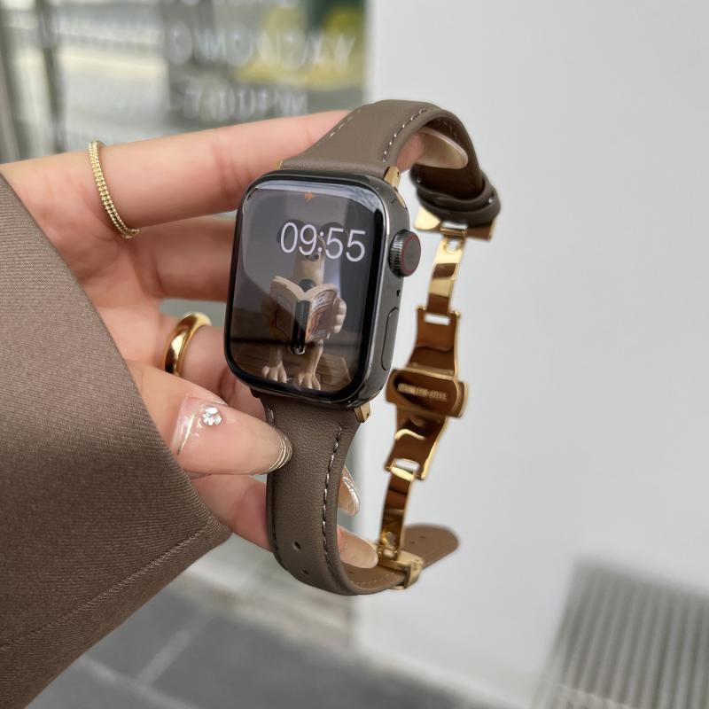 Nueva pequeña cintura adecuada para Apple Watch 8 Correa mariposa hebilla cuero fino watch765432 generación se