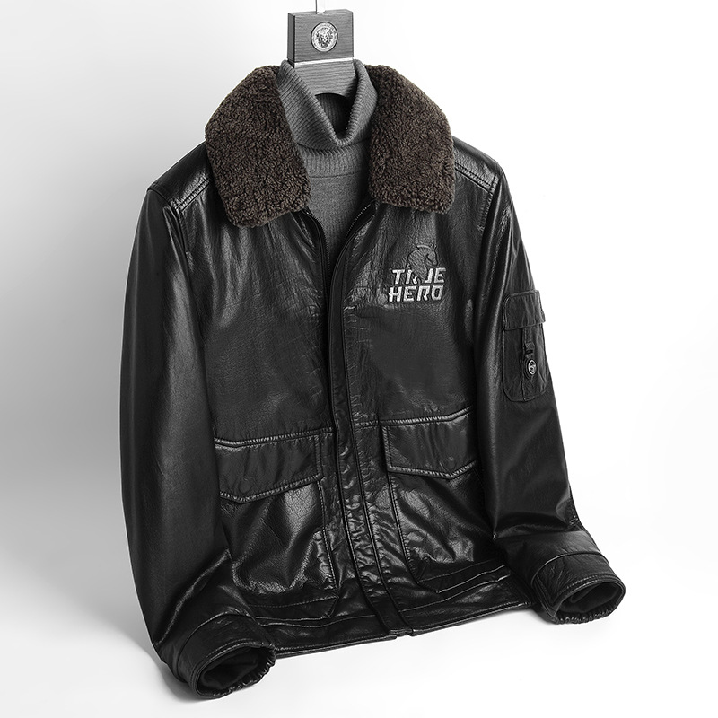 Autumn and winter new pattern Haining Lambswool Fur collar Down Internal bile cowhide leisure time Lapel genuine leather leather clothing man coat