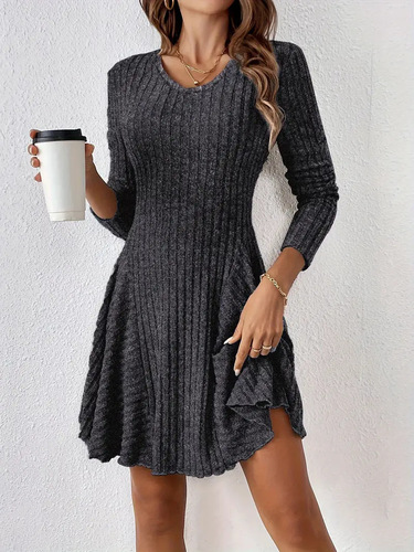 Cozy A-line Dress for Autumn/Winter Fashion, Long Sleeve Knit, Trendy Outerwear Style