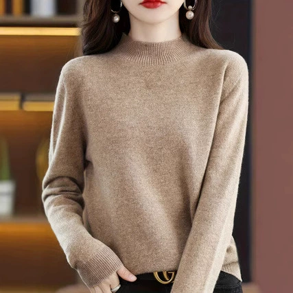 2025 весна и осень с половинным воротником новый вязаный свитер с длинными рукавами для женщин тонкий и сплошной пуловер