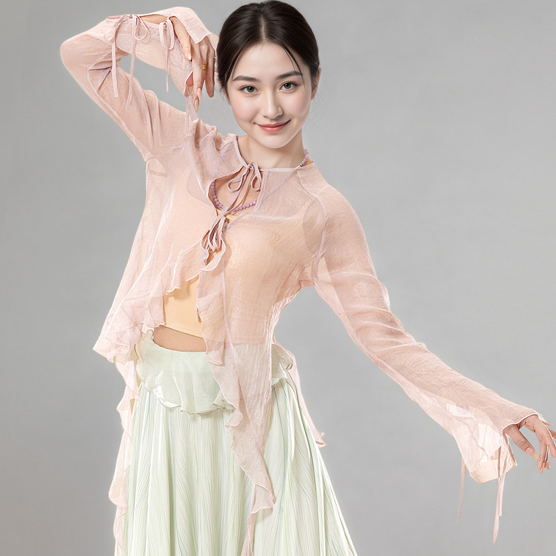 Classical Dance Gauze Long-Sleeve Top for Women, Modern Dance Chinese Dance Practice Outfit, Performance and Training Clothing for Adults