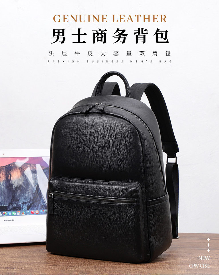 Ba lô nam da bò thật cỡ lớn 30×13×41 cm, ba lô du lịch công tác chống trộm ngăn laptop 14 inch — Màu đen chi tiết 1