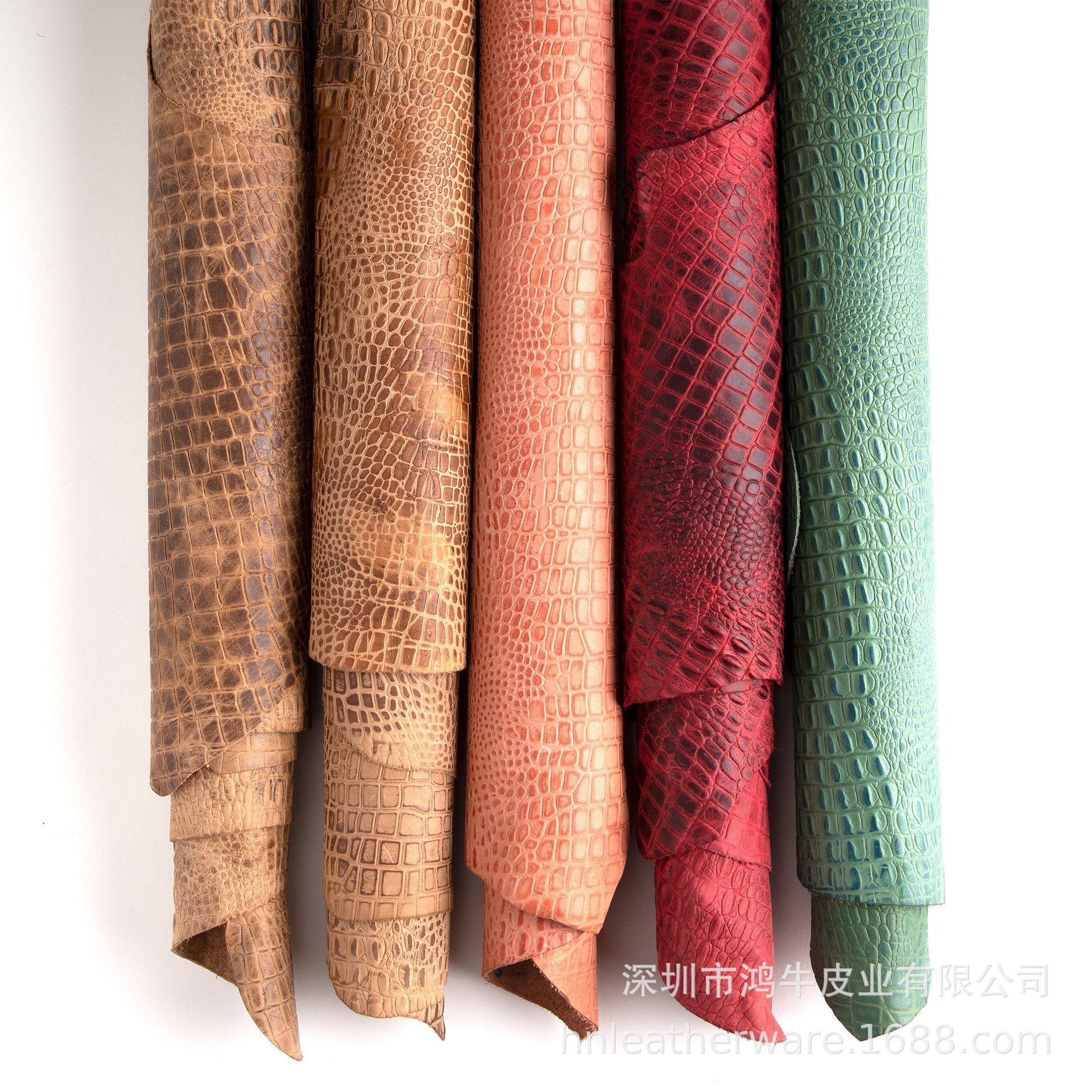 做旧双色植鞣皮鳄鱼纹 环保手工擦色做旧牛皮 双色压变鳄鱼头层皮