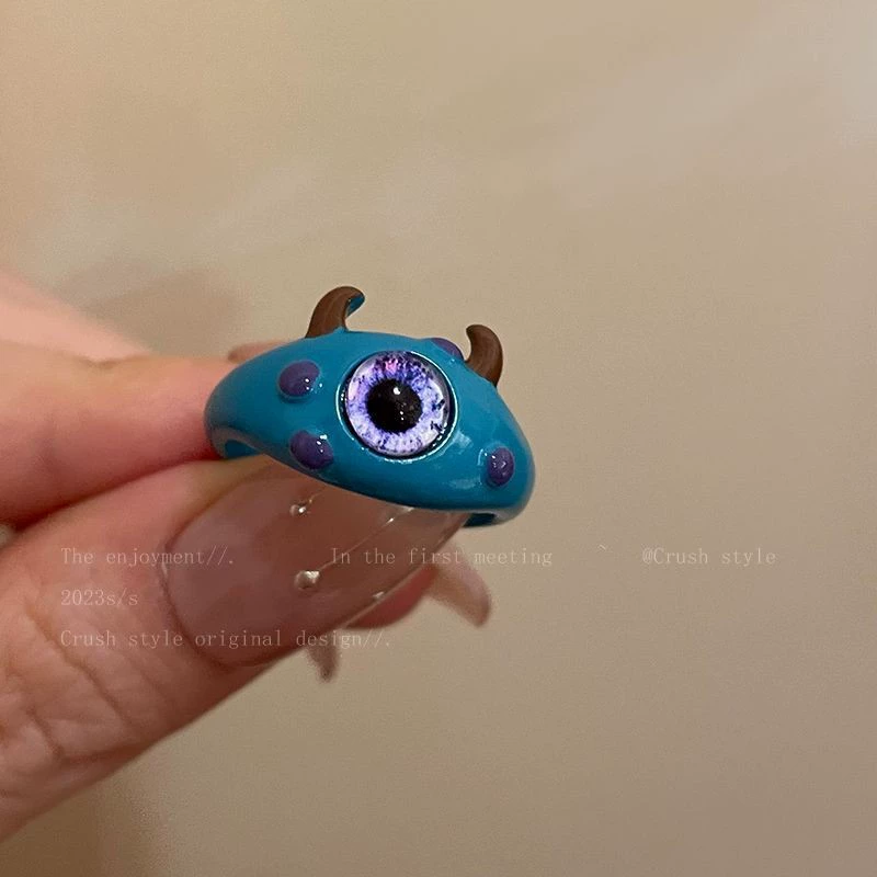 Ring Cute Cartoon Metal Monster, Adjustable Open Band, Enamel Finish, Trendy Cat & Bunny