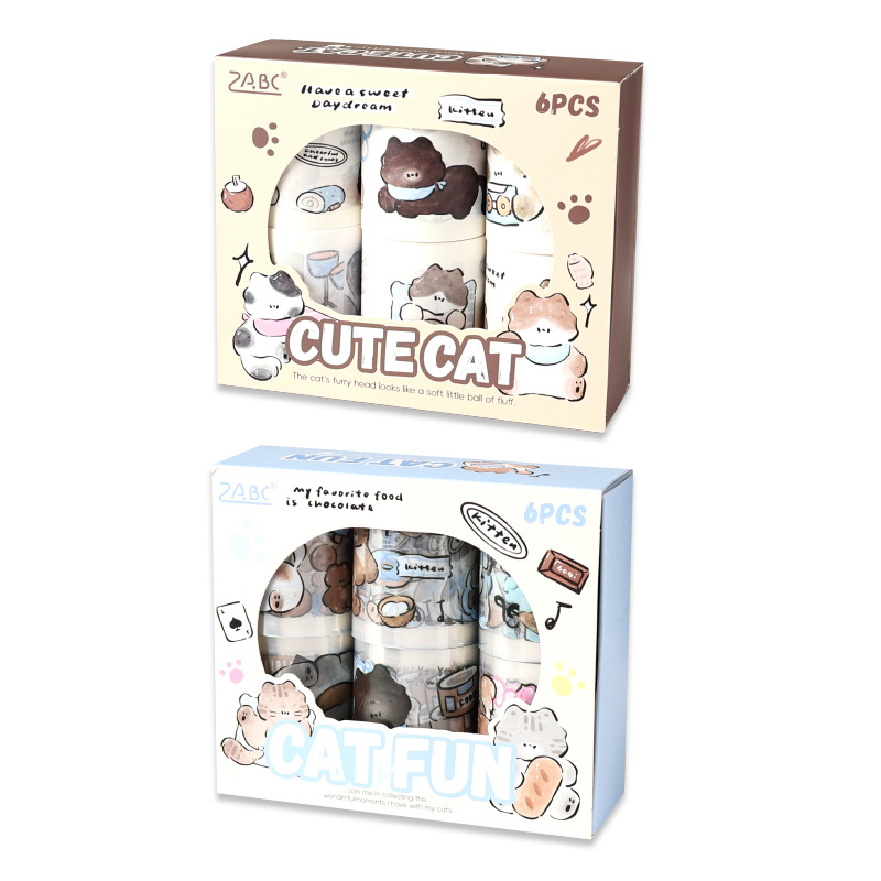 Buen registro de miau, paquete transparente a prueba de agua y caja de cinta de papel, etiqueta del diario de la cuenta de la mano de bricolaje, pegatinas de animales de dibujos animados