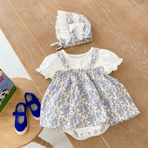 ins  summer full month baby baby clothes small floral flower princess fake two-piece triangle harem dress with hat