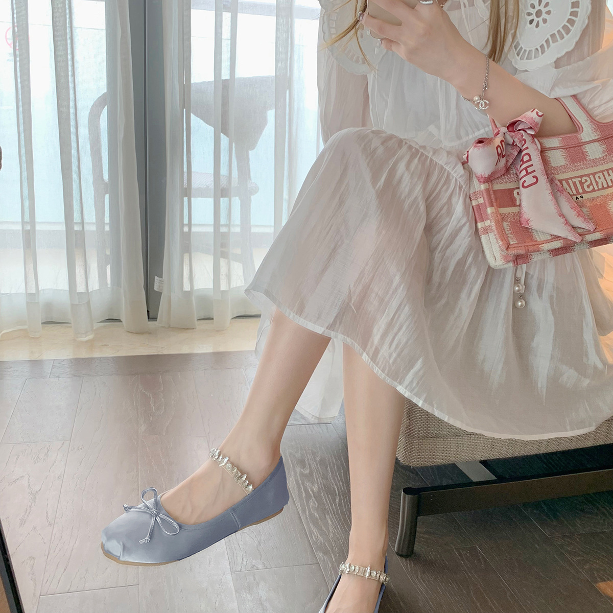 Versión de piel de oveja ~ Grava Madre con el mismo tipo de diamante con arco francés cabeza redonda zapatos de ballet de fondo plano zapatos de mujer mary-zhen