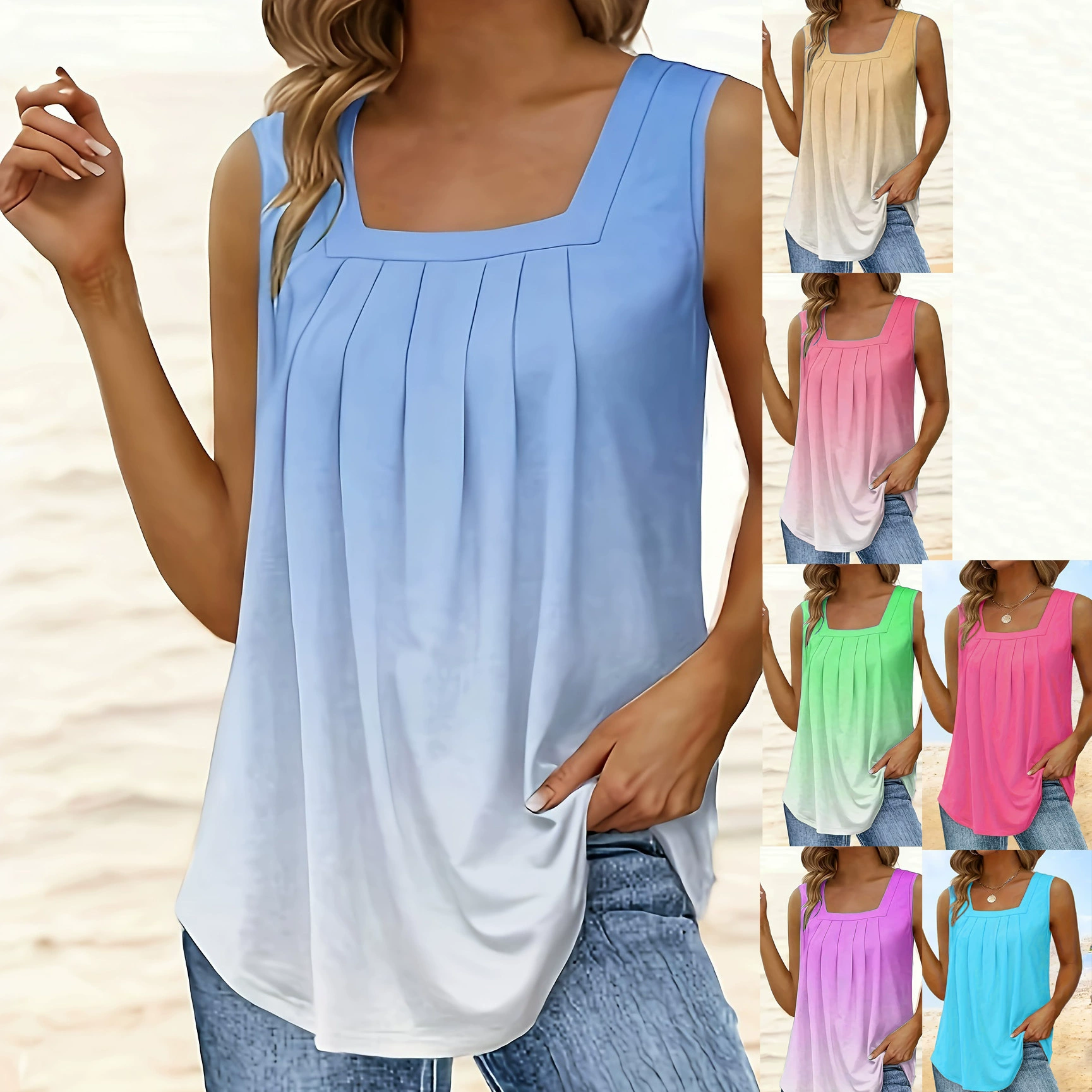 2024 Amazon temu Европейские и американские источники внешней торговли мода градиент сплошной цвет без рукавов большой размер женский квадратный воротник жилет