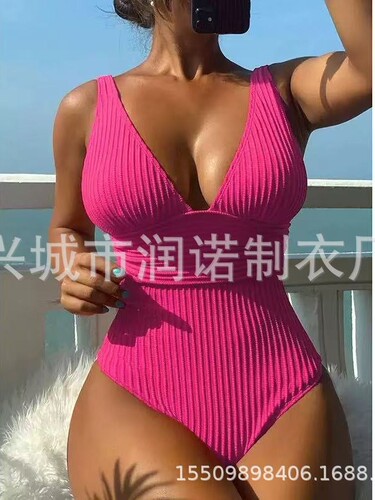 2025 New AliExpress European and American Style 2024 New One-Piece Solid Color Vertical Stripe Fabric Sexy Slim-Fit Slimming Swimsuit