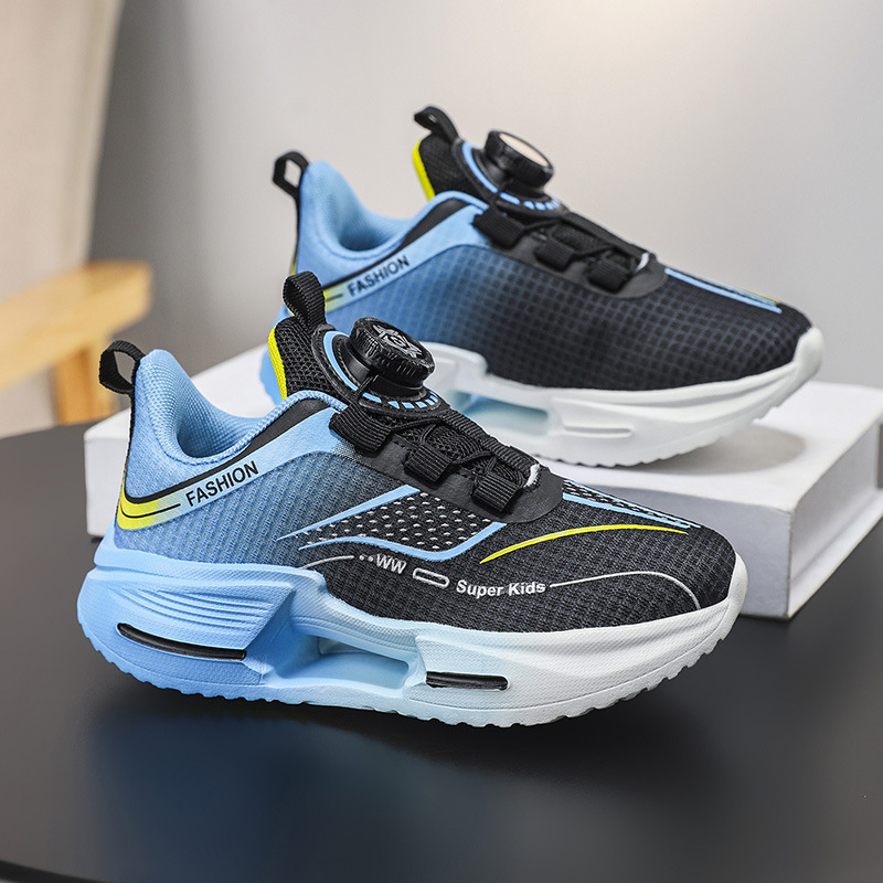 Fábrica directa de botón giratorio para niños zapatos de carrera primavera y otoño antideslizante para niños y niñas zapatos deportivos transpirables ligeros al aire libre cómodos