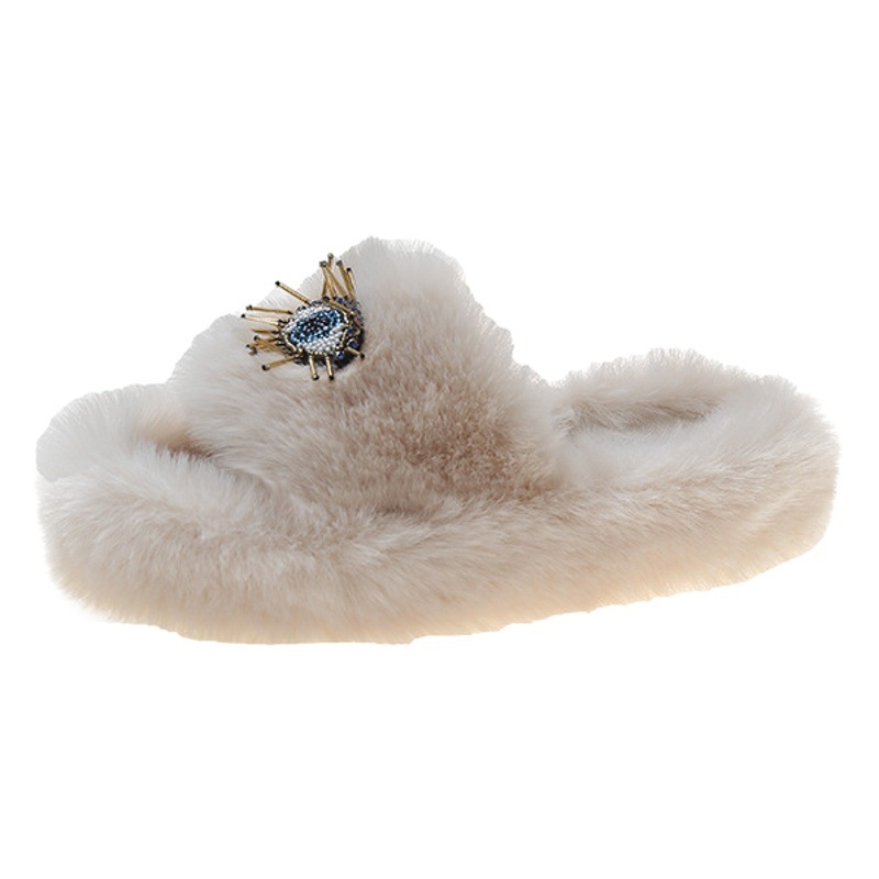 Lujo ligero ~ 2023 Otoño e Invierno nuevos ojos de dama zapatillas de felpa antideslizante desgaste exterior todo-fósforo grueso inferior zapatillas de felpa
