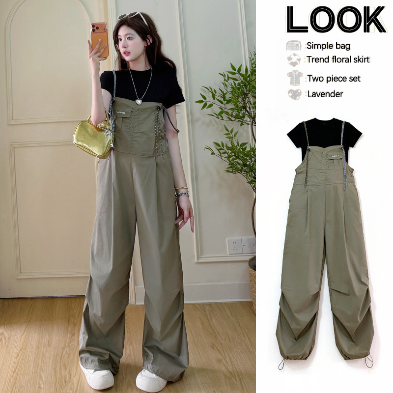 Real Shot of Pregnant Women Wearing Summer Light Green Workwear High-Waisted Slimming Loose Wide-Leg Pants Overalls with Inner Layer 2-Piece Set