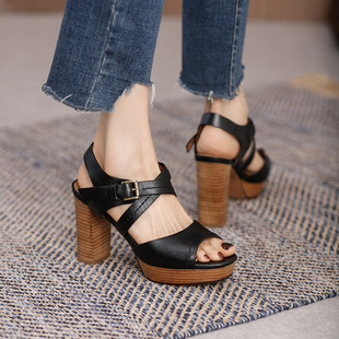 Cowhide Fish Mouth High-Heeled Sandals for Women Summer New Retro Brown Women's Shoes Thick Sole Thick Heel Buckle Roman Shoes Dropshipping