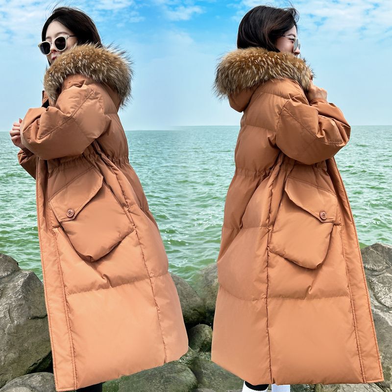 Plus-Size High-End Stylish down Jacket 100kg Large Size Women's Winter Hooded 90% White Duck down Over-The-Knee Long Style