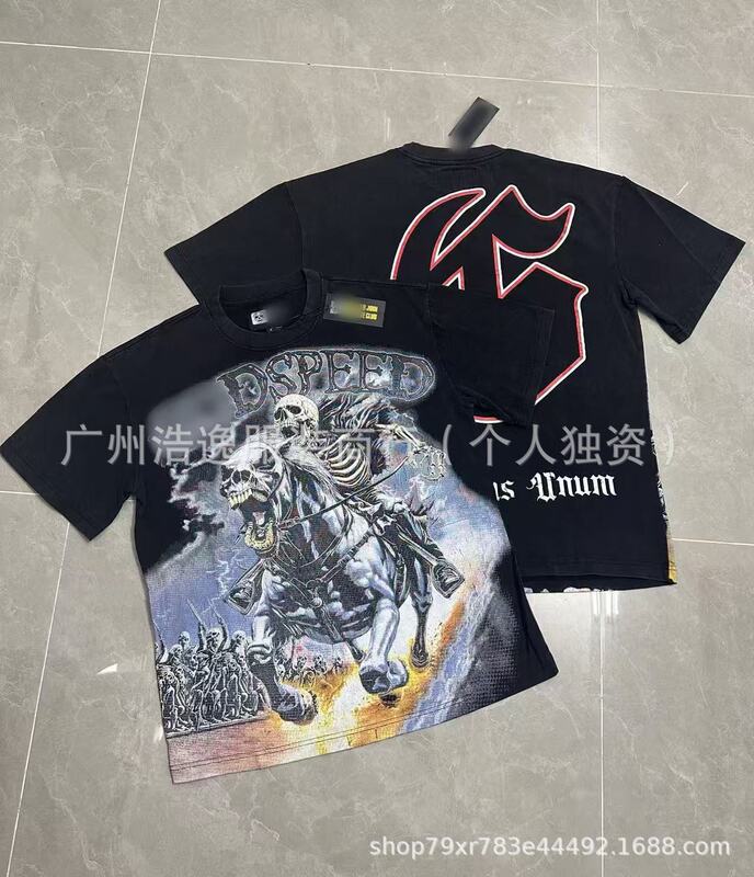 25ssアメリカのトレンドブランドGOD、ハイストリート、ウォッシュ加工、ヴィンテージ風プリント、ジョイントデザイン、レトロな夏用ルーズフィット半袖Tシャツ、男女兼用|undefined