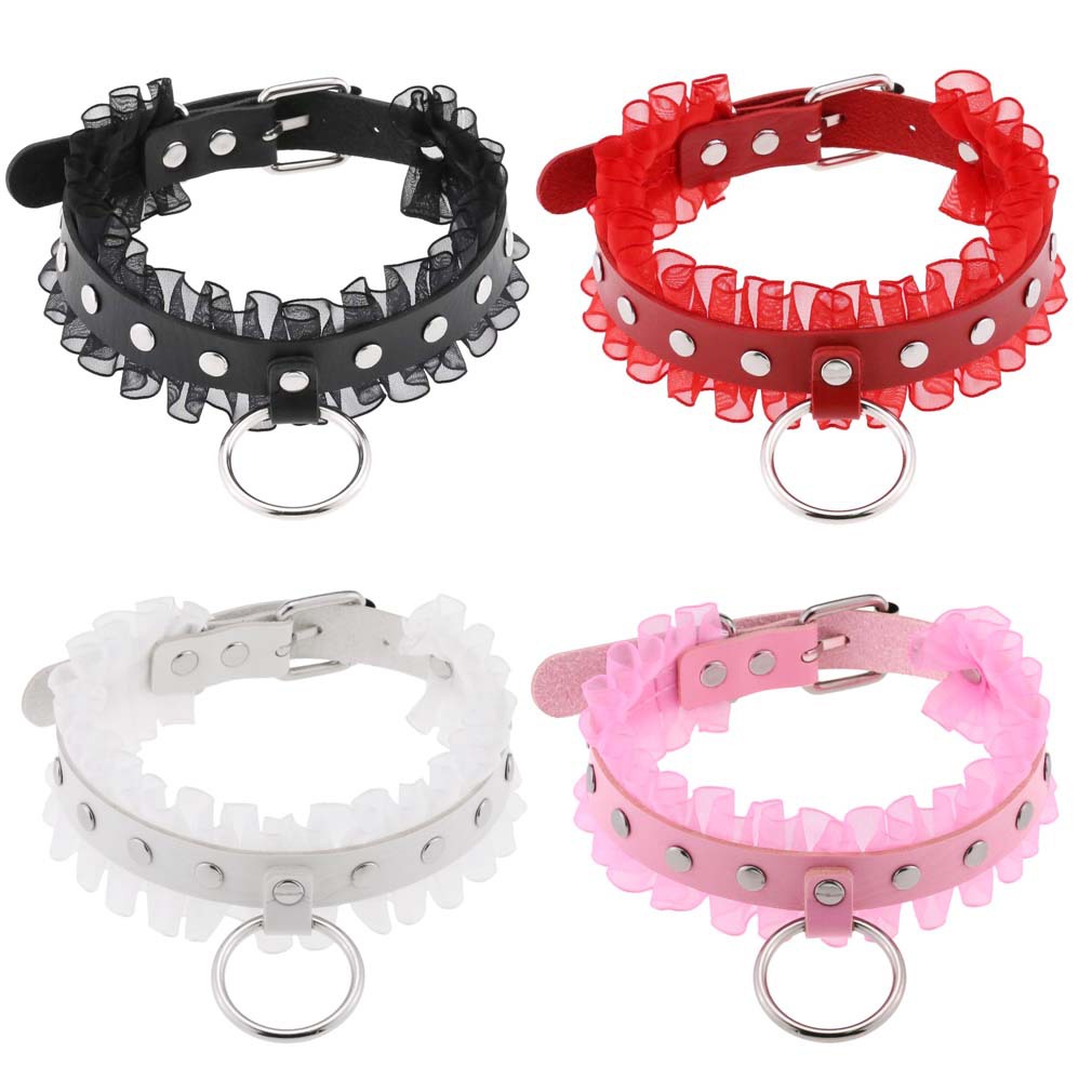 Punk Harajuku Soft Girl Lace Ring Neck Chain Neck Band Elegant Fashion Sexy Ring Rivet Necklace PU Leather Collar