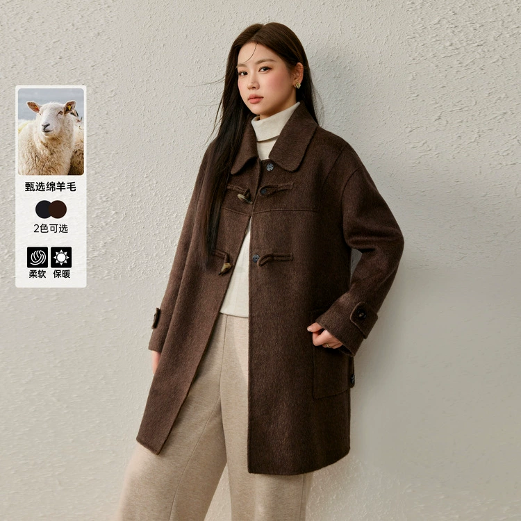 Сплошное шоу большой размер женской ретро дикие роговые пряжки лацканный воротник двухсторонний шерстяной жакет жирный mm2024 зимний новый стиль