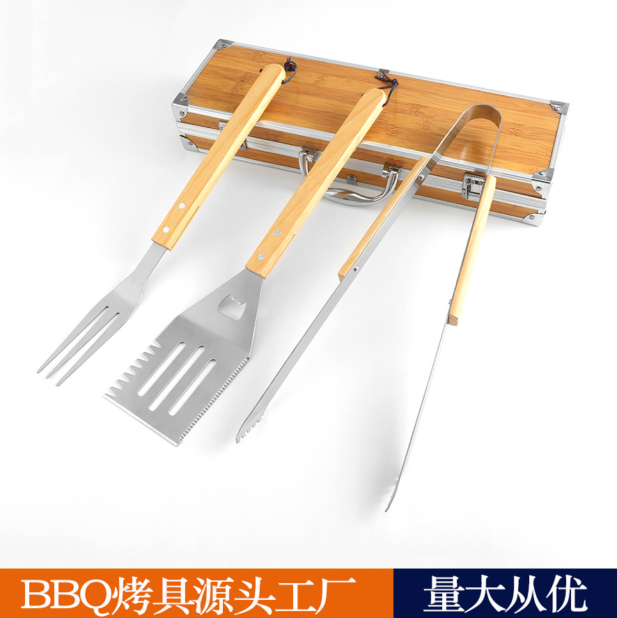 Conjunto de barbacoa de acero inoxidable patrón de bambú caja de aluminio conjunto de barbacoa conjunto de herramientas de barbacoa al aire libre de 3 piezas tenedor pala clip de combinación