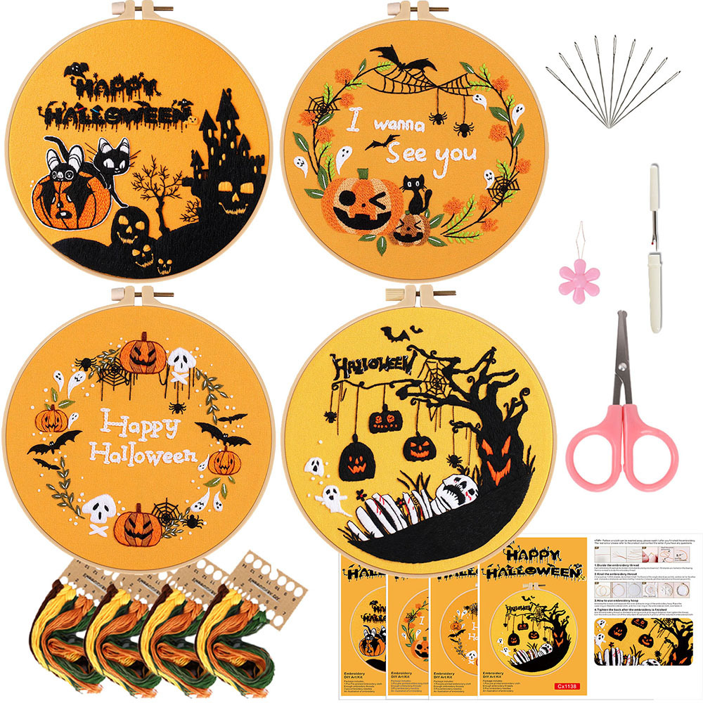 Original nuevo paquete de materiales bordados DIY a mano 2025 Halloween murciélagos calabaza gatos combinación de inglés transfronterizo
