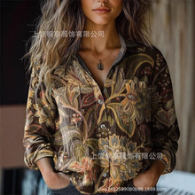跨境亚马逊2025新款女士长袖衬衫夏季欧美潮流3D印花衬衫短袖
