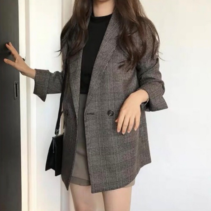 Women's Loose-Fitting Autumn Retro-Style Jacket With Grid Pattern, Wholesale Small Suit Tops_ecoleips.com