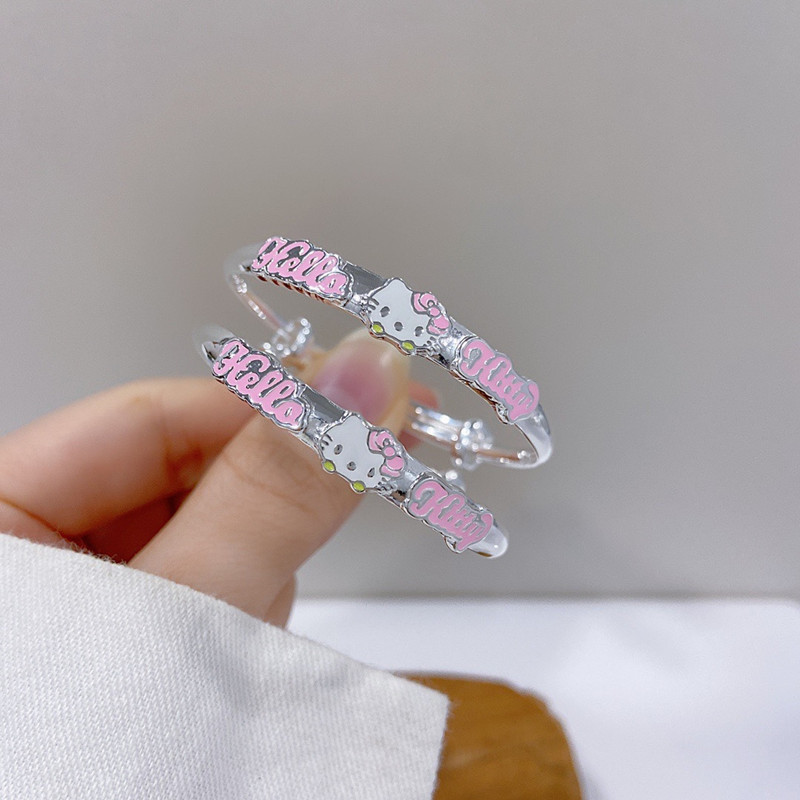 Online popular white copper silver-plated KT cat children's bracelet solid push-pull girl middle child Princess bracelet holiday gift