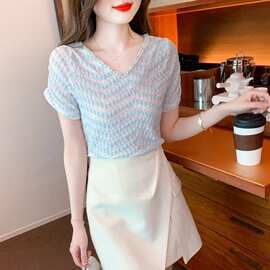 钉珠领蕾丝衫减龄气质套头短袖衬衫女夏设计感显瘦洋气小衫上衣