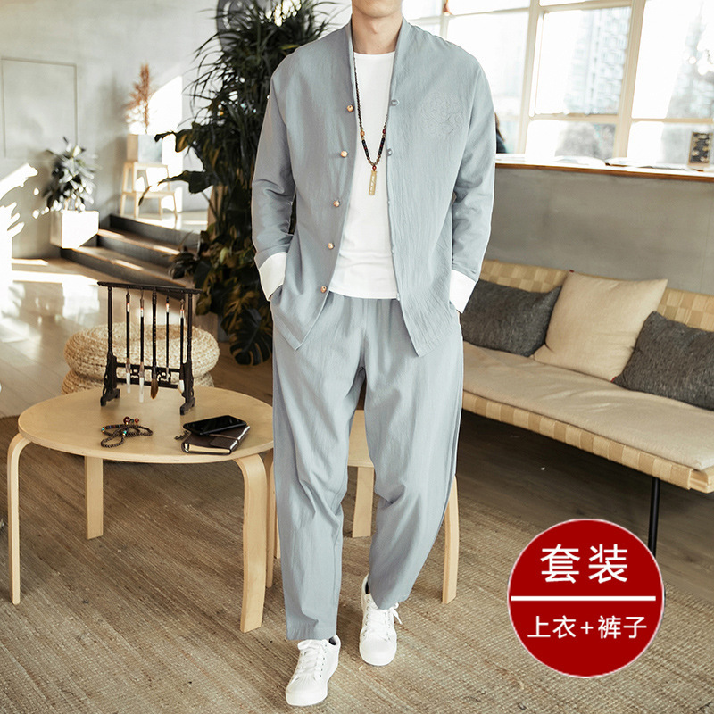 中国風紳士服仏教中国風リネンアウタースーツ若者唐スーツレトロスタイル漢服道教中山服 Yitai|undefined