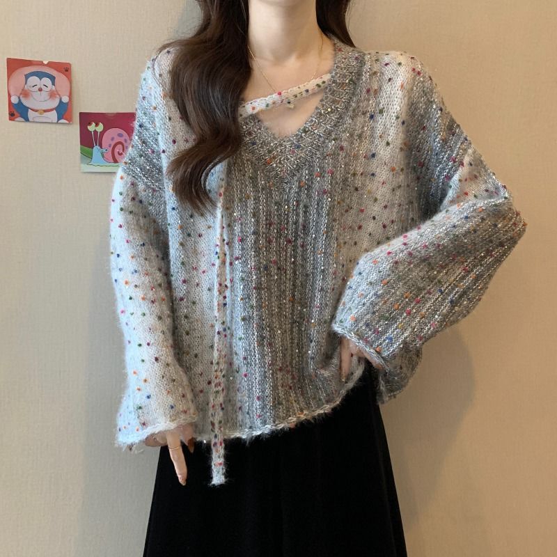 秋冬渐变色V领针织衫彩点毛衣女2025春秋季大码胖mm遮肚洋气上衣|undefined