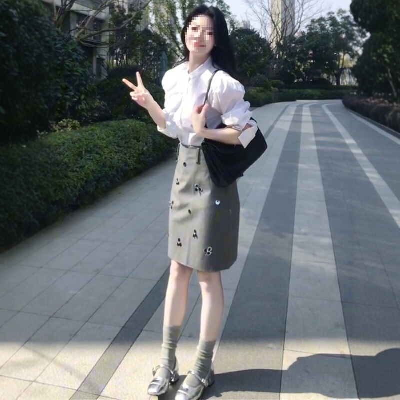 灰色钉珠亮片西装半身裙女夏季直筒裙气质修身裙子轻奢通勤短裙|undefined
