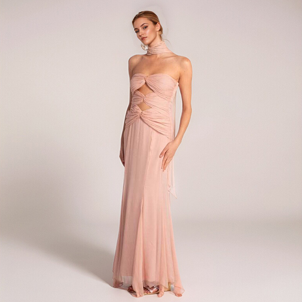 亚马逊金属扣跨境女装早秋高定新款镂空雪纺衫连衣裙气质鱼尾