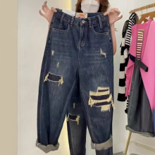 大码胖妹妹复古破洞直筒牛仔裤女新款宽松显瘦高腰哈伦老爹阔腿裤