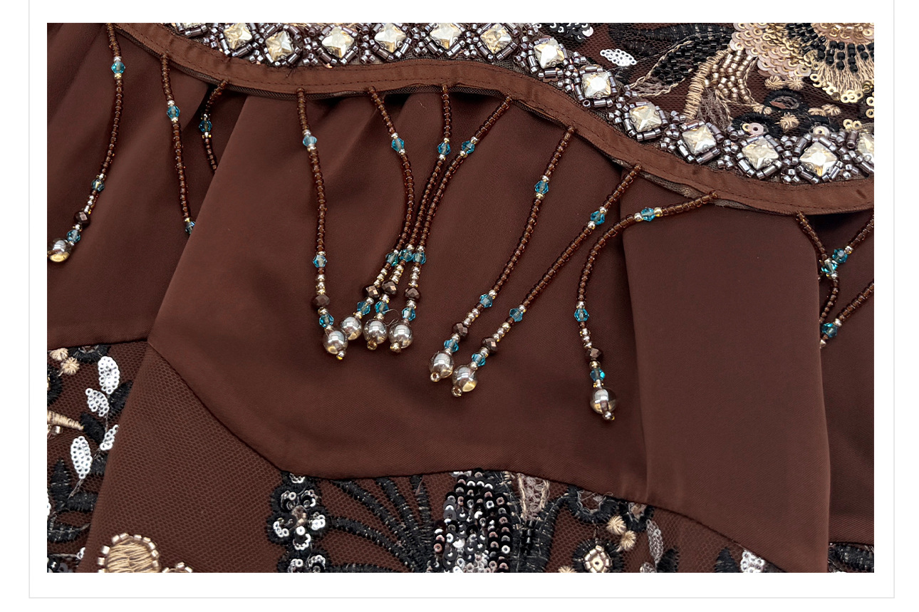 Đầm maxi nữ thắt eo phong cách Tân Trung Hoa, cổ tròn, đính cườm thêu ren, thiết kế vintage — Màu cà phê chi tiết 16