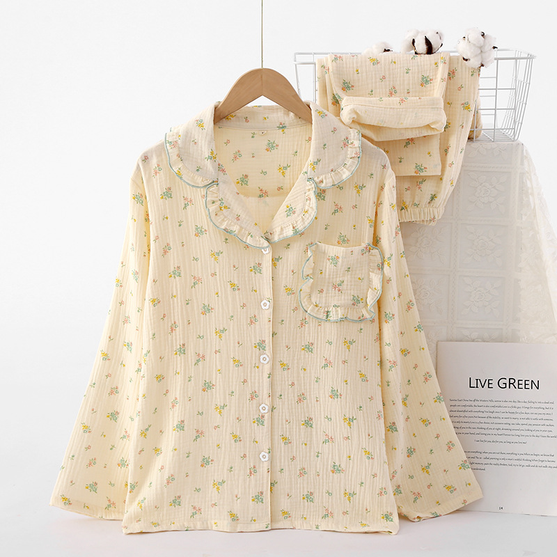 Algodón crepé pijamas de las mujeres amor crepé traje de solapa de gasa de algodón cómodo traje de desgaste casero