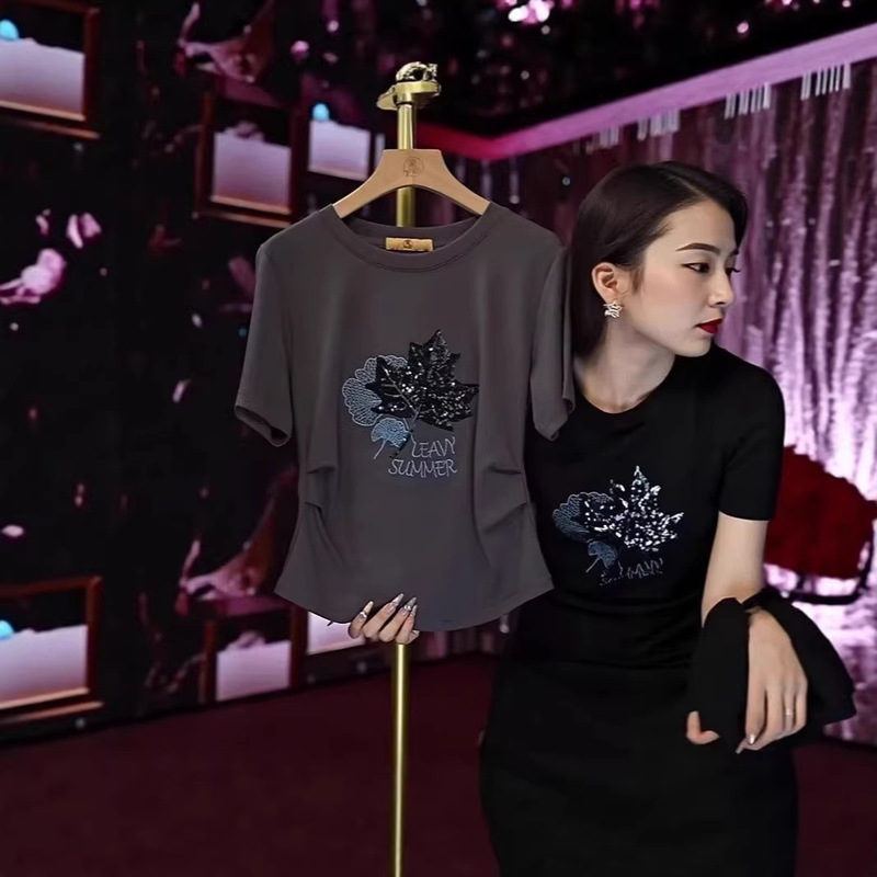 2023 New Round Neck Short-Sleeved T-Shirt for Women, Summer Pullover, Belly-Covering, Slimming, Casual, Fashionable, Elegant Top 2023 New Round Neck Short-Sleeved T-Shirt for Women, Summer Pullover, Belly-Covering, Slimming, Casual, Fashionable, Elegant Top