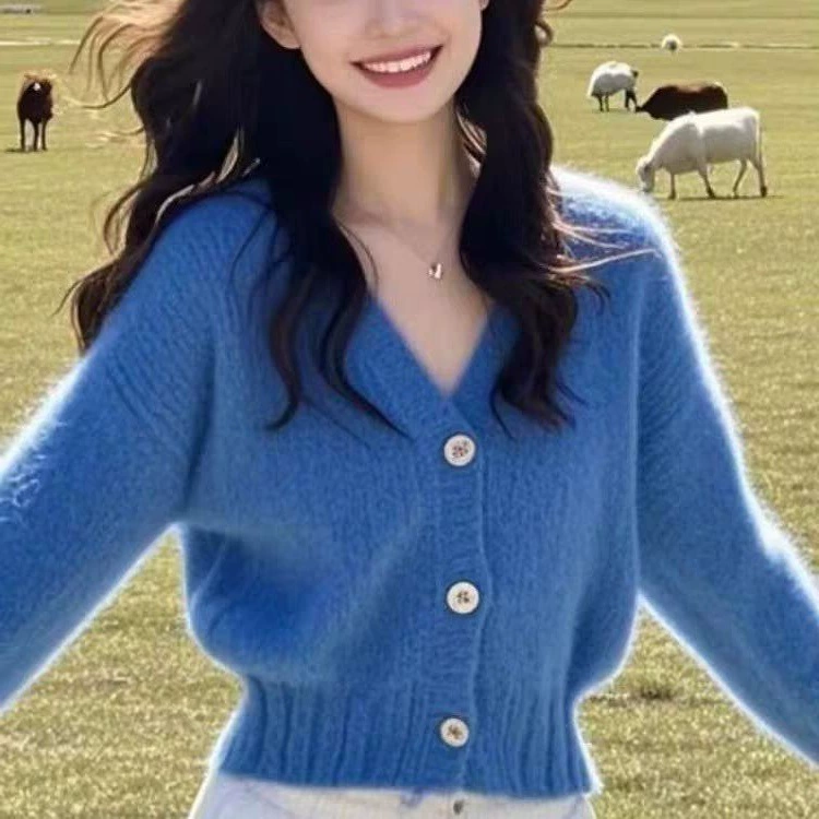 2025 новый осенне-зимний французский стиль, мягкий восковой синий свитер с v-образным вырезом, вязаный кардиган, куртка, женский короткий топ