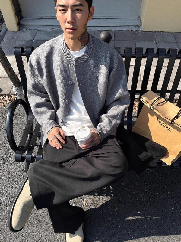 老钱风纯色开衫棒球领针织衫外套男秋季新款宽松休闲百搭慵懒上衣|undefined