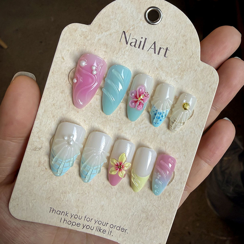 24-Piece Nail Tips Factory Shein Cross-Border Supply 3D Resin Flower Press-On Nails Ins Ice Translucent Pink Almond Nails