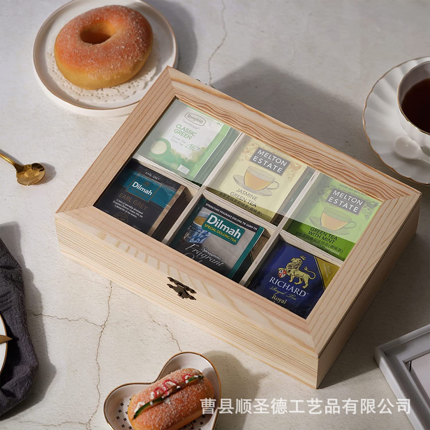 批发茶叶包咖啡木盒六格储物隔间可拆卸隔板木制化妆品首饰收纳盒